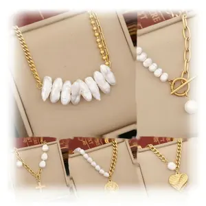 Wholesale Women Medusa cross heart pendant baroque pearl with chain 18k Gold Plated Stainless Steel Necklace Jewelry