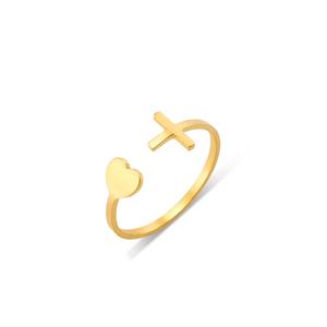Anillo Abierto de Acero Inoxidable AOFEI con Dijes de Corazón y Cruz, Joyería Minimalista Inspirada en la Fe, Chapado en Oro de 18K PVD - Product Image 1