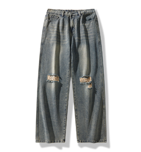 Pantalones Largos Casuales de Hombre, Estilo Retro, con Agujeros, de Pierna Ancha, Corte Recto y Holgado, para un Look Desenfadado y Atractivo - Product Image 1
