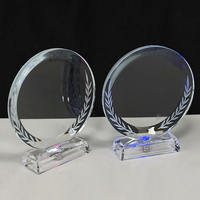 Plaque de trophée ronde en verre cristal personnalisable, trophée en cristal vierge avec base lumineuse LED