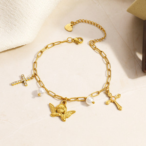 Pulsera con Cruz, Chapada en Oro de 18k, Aleación de Zinc, con Alas de Ángel y Perla, Engaste de Garra, para Regalo - Product Image 4