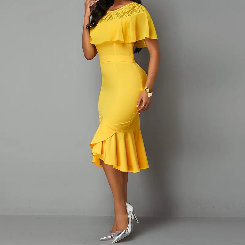 Summer Mermaid Slim Elegant Fashion Office Lady Womens Dresses Party Gowns Yellow Vestidos Plus Size Dress Robes