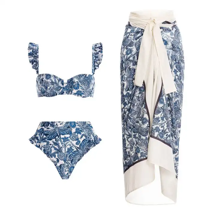 Новинка 2022, женский купальник с синей стрекозой и накидкой, цельный купальный костюм с рюшами и лямками, купальник с цветочным принтом, пляжная одежда