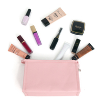 Nouvelle trousse de maquillage en PU rose à la mode avec fermeture à glissière Pinceaux de rangement pratiques Essentiels de voyage Sac cosmétique Motif de logo