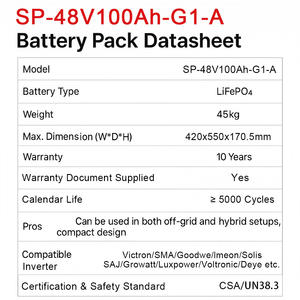 Paquete de Baterías LiFePO4 de 5.12kWh, 51.2V y 100Ah |   Sistema Solar Aislado |   Vehículo Recreativo |   Almacenamiento de Energía Doméstico |   5000 Ciclos |   Envío Rápido en EE. UU. |   10 Años - Product Image 5