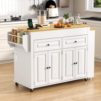 Îlot de cuisine mobile extensible avec table à manger et prise électrique, doté de 2 tiroirs de rangement et de 3 rangées d'étagères ouvertes