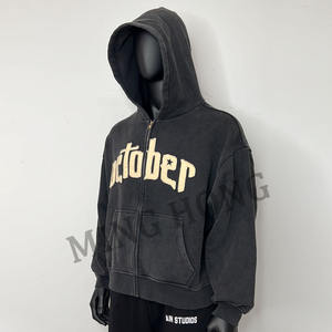 Logo de broderie autocollant personnalisé Street Wear Acid Washed Ribbed Poignets Zip Hoodie - Product Image 5