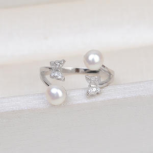 Bague double papillon en argent S925 avec plusieurs perles 6-7 mm, ouverte, pour femme, style DIY, bijoux tendance, incrustation de diamants taillés 87 - Product Image 3