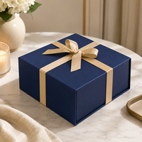 Boîte cadeau magnétique bleu marine de luxe avec ruban et nœud, boîte pliable en carton rigide, emballage de luxe pour vêtements