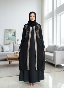 Robe Abaya noire brodée pour femmes, manches longues, longueur au sol, vêtements islamiques modestes, tenue quotidienne, style Moyen-Orient, polyester - Product Image 6