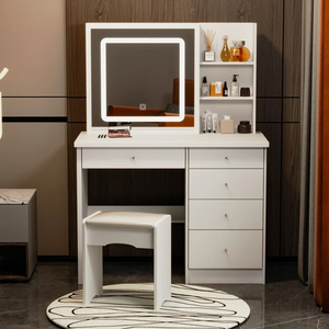 <strong>Large</strong> Storage Space Smart French White Sliding Touch Control <strong>Mirror</strong> <strong>Dressing</strong> <strong>Table</strong> Set with Stool and <strong>Mirror</strong> - Product Image 2