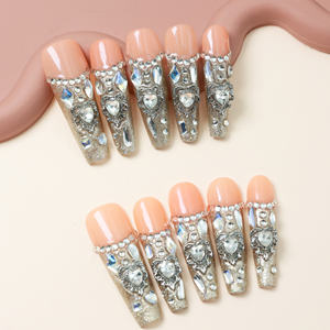 Faux ongles à presser faits main, longs, en acrylique de luxe, forme cercueil, couvrance totale, avec strass étoiles, prix usine en gros - Product Image 3