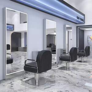 Miroir de Barbier Professionnel sur Pied en Acier Inoxydable avec Éclairage pour Salon de Coiffure - Product Image 1