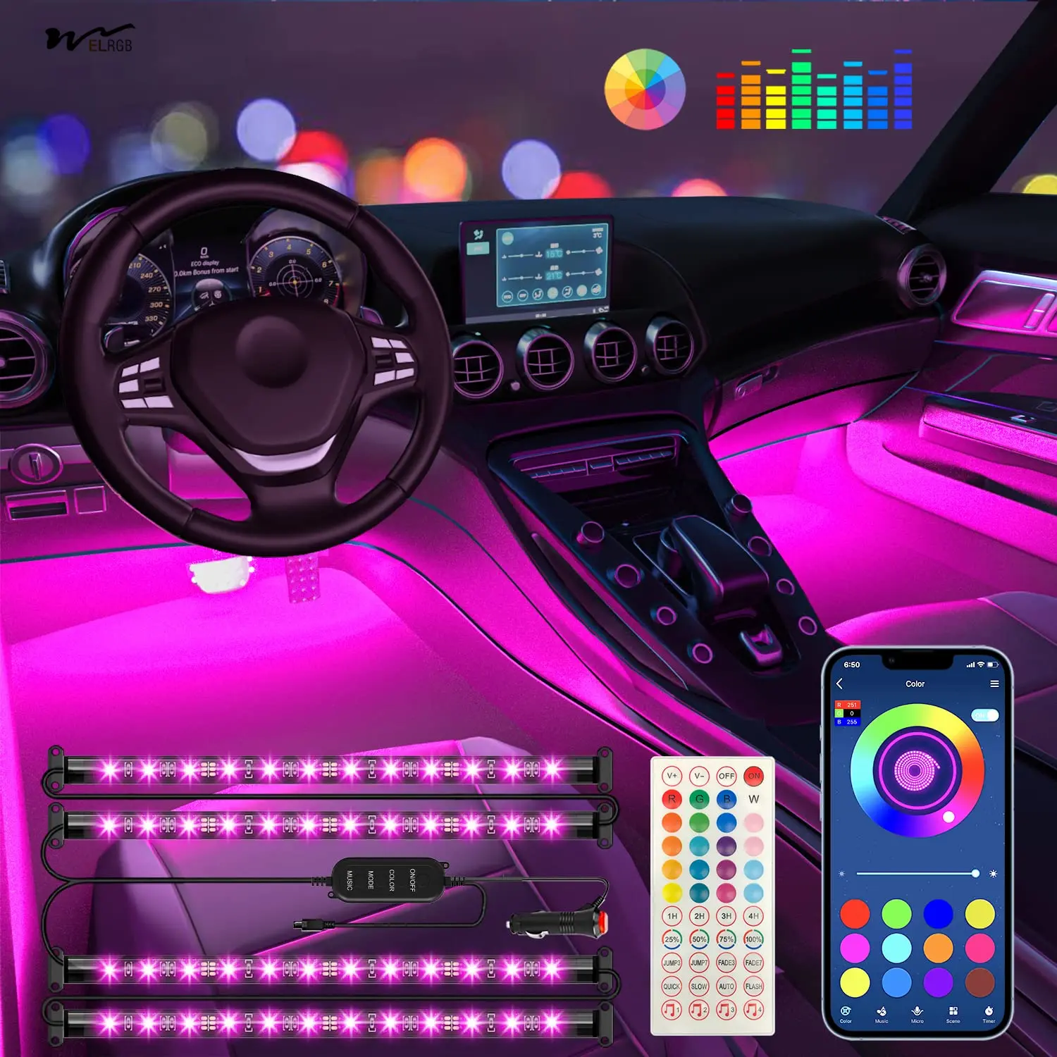 Luces interiores de coche y accesorios de coche APP control remoto sincronización de música cambio de color RGB iluminación de coche tira de luz LED