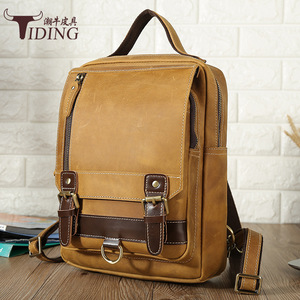 Tiding Men's <b>Backpack</b> Genuine Leather <b>20L</b> Multifunctional Outdoor Travel Schoolbag Solid Color Soft Handle - Product Image 4