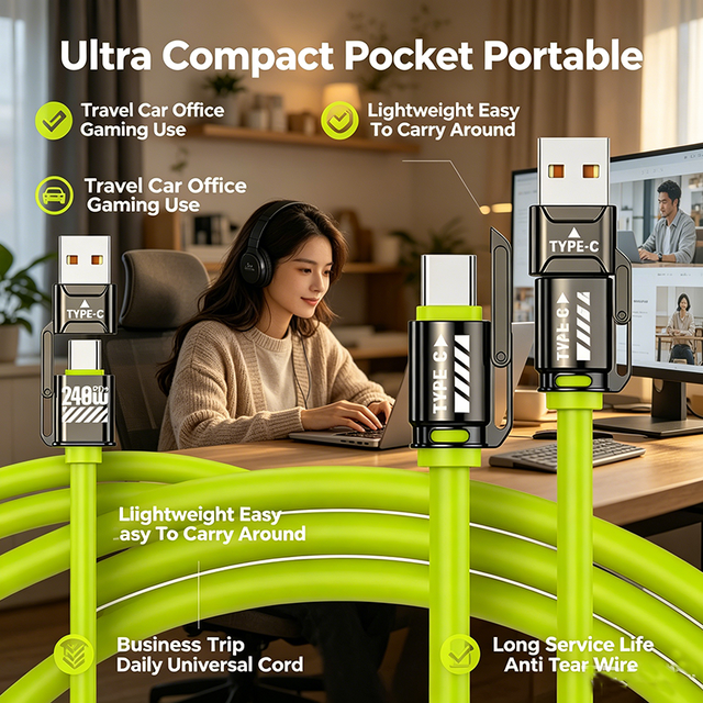 4 in 1 240W PD Fast Charging Data Cable Silicone Soft Cord USB a to Type C L Convertible Plug for IPhone Macbook Android