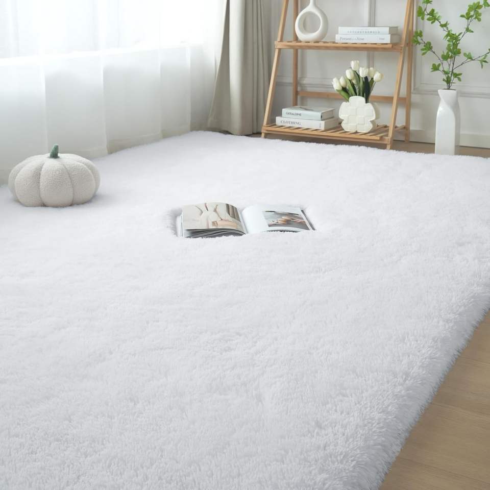 Thick Pile Rug White Plush Fluffy Shag Pile Thick Area Rug - Memory Foam