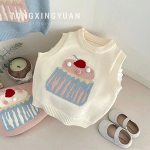 Tongxingyuan Girl's Knitted Vest Off White Cartoon Cupcake Design Spring Autumn Baby Girls Clothing - Product Image 1