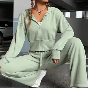 Crop Top Fall Jogger Suit Womens Clothing, 2024 Casual Outfits Hollow Out Two Piece Pants Sets/