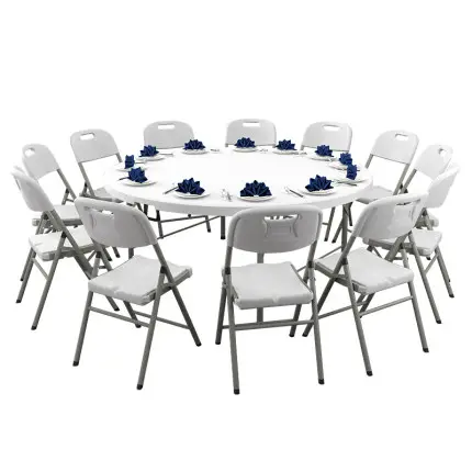 Mesa de banquete al aire libre para 10 personas, mesa plegable redonda de plástico, silla para fiesta de boda