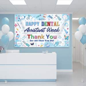 Toile de fond pour la Semaine de la Remise en Valeur des Assistants Dentaires, bleue, avec bannière de remerciement « Happy Dental Assistant Week », pour photomaton - Product Image 2