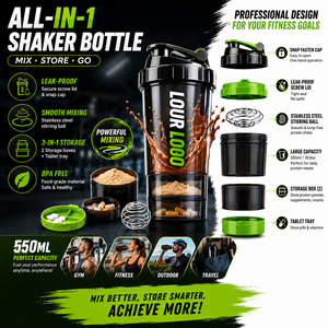 Botella Mezcladora de Proteínas 3 en 1 con Logotipo Personalizado, 500 ml |   Vaso mezclador para gimnasio sin BPA con contenedor para polvo y pastillero para regalos deportivos - Product Image 2