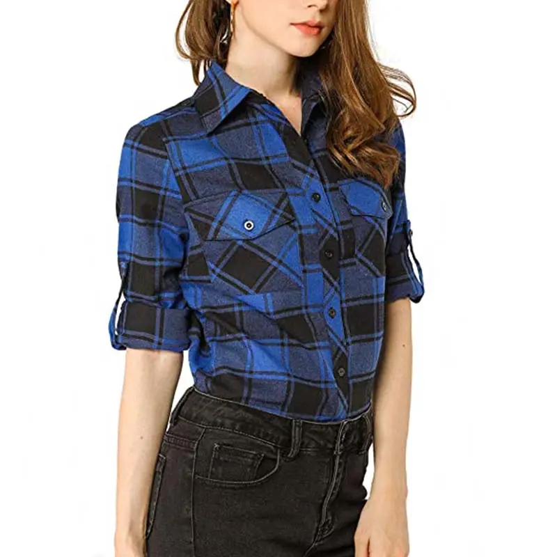 KM Damen Roll-up Langarm Top Bluse Point Collar Kunden spezifische Bluse Damen Kleidung Bluse