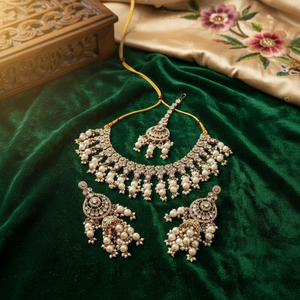 <b>Gold</b> Plated Pearl Bridal Shadow Choker Necklace <b>Set</b> Earrings Maang Tikka Ethnic Handmade High Quality Certified Engagement - Product Image 3
