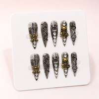 Lot de 10 faux ongles longs stiletto gothiques punk 3D avec crâne et strass, faits à la main, pour Halloween, vente en gros