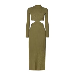 <span class=keywords><strong>Vestido</strong></span> de punto elegante de cuello alto y <span class=keywords><strong>manga</strong></span> <span class=keywords><strong>larga</strong></span> acanalado oversize para mujer, casual con <span class=keywords><strong>espalda</strong></span> <span class=keywords><strong>descubierta</strong></span> para invierno, venta al por mayor, fabricante personalizado - Product Image 3
