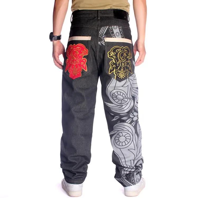OEM celana lurus trendi untuk pria, celana jins Hip-hop bergaya jalanan, celana Skateboard longgar bordir motif grafiti, celana kustom trendi untuk pria