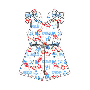 Combinaison sans manches pour bébé fille, motif étoiles et feux d'artifice USA, bleu, vente en gros, ensemble enfant SR4131 CUSTOM - Product Image 1