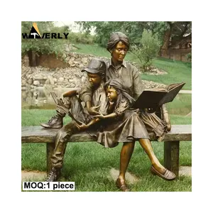 Outdoor Garden Decor Bronze Mother And Child Children Reading Statue Life Size Casting Bronze Teacher And Children Statue