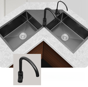 Lavello da Cucina Angolare a L, Grande Vasca Doppia Sottopiano in Acciaio Inox 304 per Layout Cucina <span class=keywords><strong>Salvaspazio</strong></span> - Product Image 5