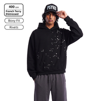 SS263110 Sweat à capuche oversize pour homme 400 GSM en molleton bouclette coupe carrée clous métalliques punk impression en relief personnalisée