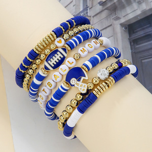 Football Mom <b>Bracelet</b> Set Blue White Gold Beads Stackable Jewelry Gift for Women Unisex Fashion <b>Beaded</b> <b>Bracelets</b> - Product Image 1