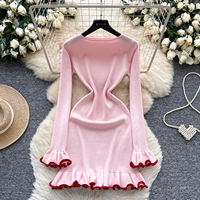 Robe en tricot à manches longues et à volants pour femmes, coupe ajustée, automne-hiver