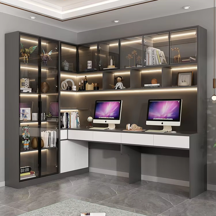 Fashionable Glass Door Bookcase With Dark Cabinet Body and Light Living Room Furniture Home Desk and Bookcase Combination