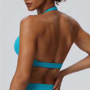 Women Halter Twist Front Deep V Sports Bra Removable Padded Backless Low Impact Yoga Crop Top Pilates Gym Athletic Bra OEM ODM - Product Image 2