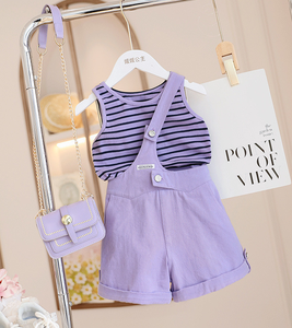 Été 2024 nouvelle fille rayé à manches courtes <span class=keywords><strong>violet</strong></span> salopette <span class=keywords><strong>pantalon</strong></span> de loisirs ensemble deux pièces - Product Image 6
