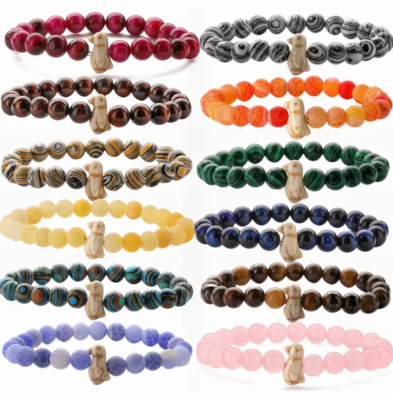 Venta caliente pingüino Ojo de Tigre pulsera elástica ágata de piedra Natural en colores mezclados joyería de moda brazalete con cuentas