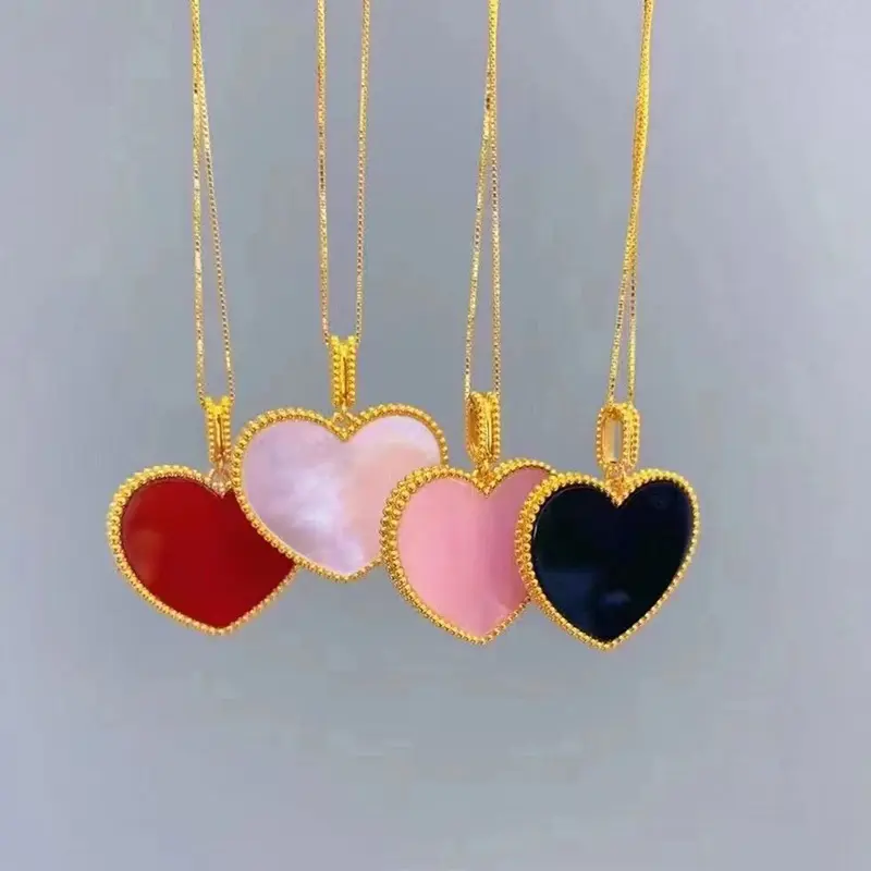 Real 18K Gold Agate Heart Pendant Necklace Saudi Gold Jewelry Wholesale Price Love Pendant Valentines Gift for Girls Women