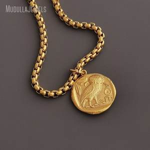 NM52329 Vintage chapado en oro Punk collar grueso moneda encanto <span class=keywords><strong>Athena</strong></span> diosa búho Reversible colgante collar para hombres y mujeres - Product Image 4
