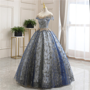 Robe de soirée bleue avec appliques en dentelle, épaules dénudées, longueur au sol, coupe trapèze, style princesse, pour fêtes et banquets - Product Image 3
