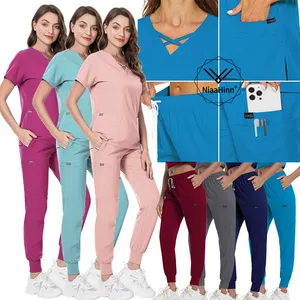 Breathable Personalized Nurse Uniform Sets Custom Plus Size Hospital Scrub Suits For Women Elastic Durable Wine Scrub Uniforms