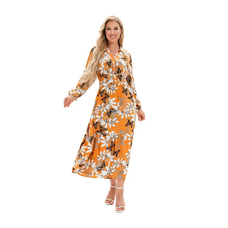 Colletto della camicia in tessuto con maniche a 3/4 estate donna con rifiniture in pizzo stampa floreale Rayon grembiule in vita Casual Maxi Dress
