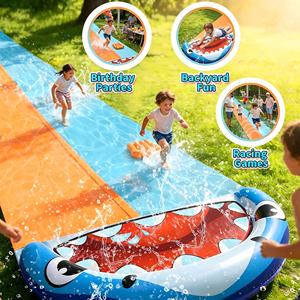 Tobogán Acuático Doble de PVC con Temática de Tiburón MAKE WAVES de 15 Metros con Aspersor y 2 Tablas para Niños, para Carreras en el Patio Trasero - Product Image 5