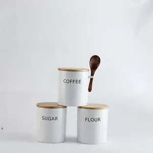 Conjunto de 3 embalagens de metal para cozinha, conjunto de lata branca para armazenar alimentos e chá, açúcar e café com tampa de bambu