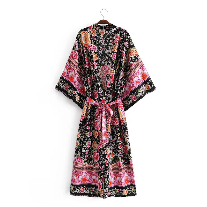 Black/Pink floral printed women vintage rayon kimono dresses cardigan bohemian style