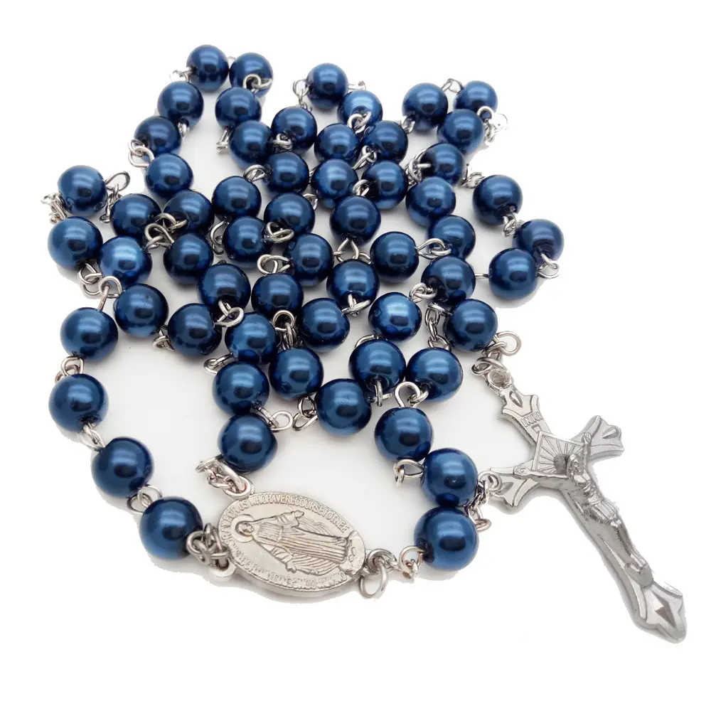 Handgemachte Glieder kette Blaue Perle Perlen Halsketten Rosenkranz Halskette Katholische Christliche Kreuz Ornament Gebets perle